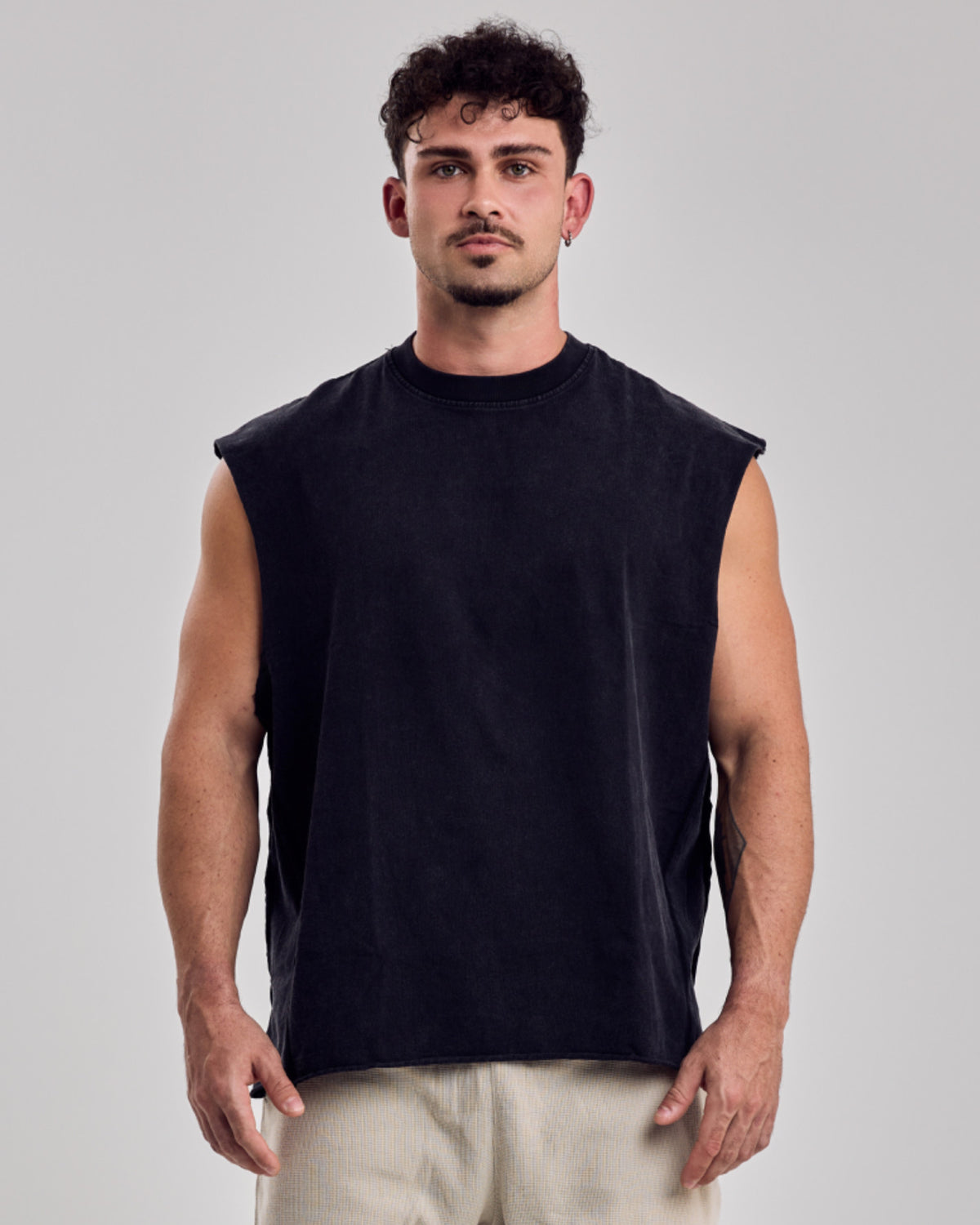 Oversized Washed Cotton Tank Top — Black