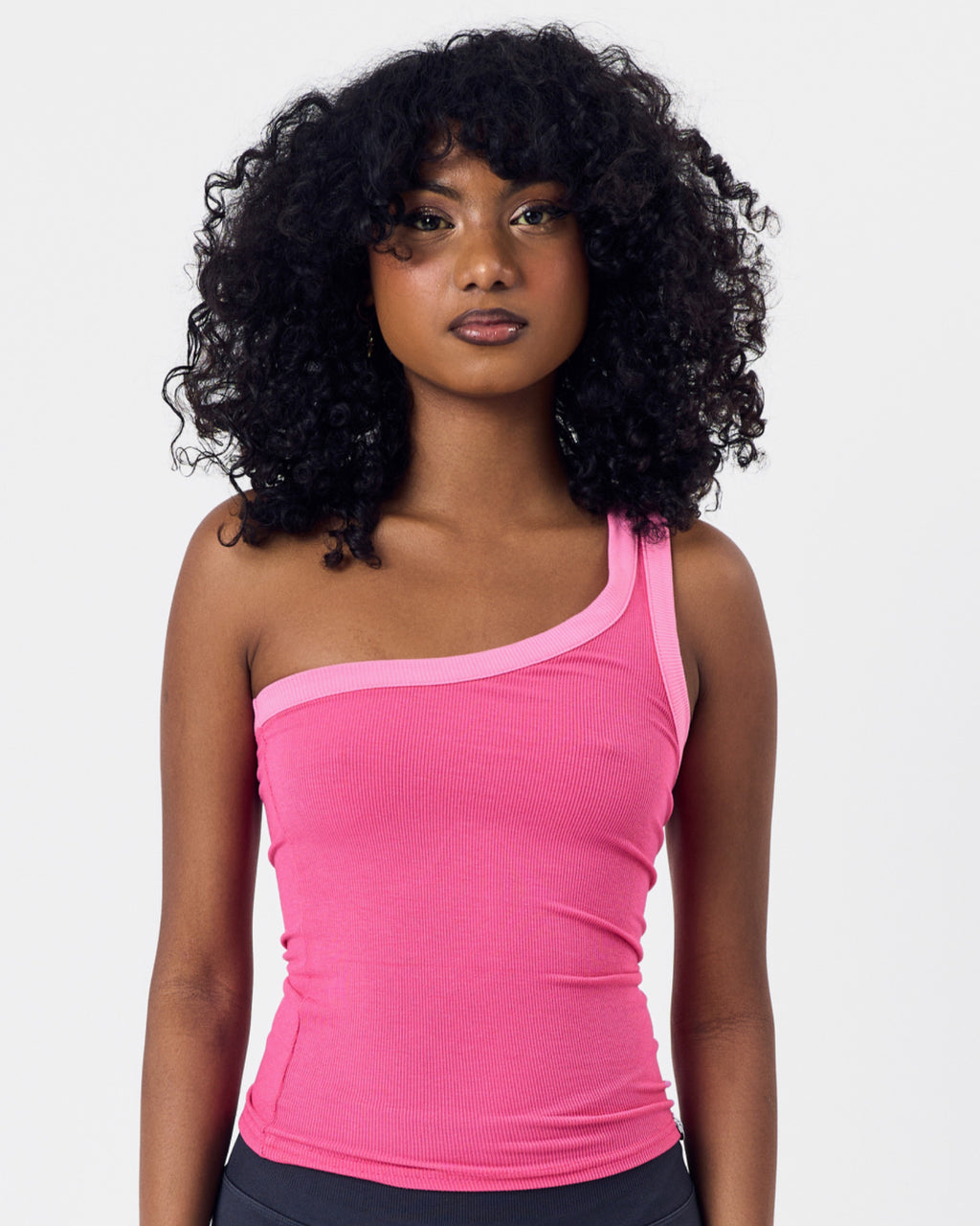 Ribbed Cotton One Shoulder Top — Barbie Pink