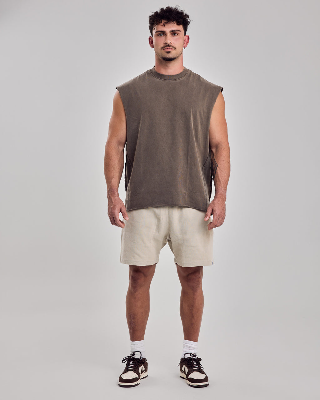 Oversized Washed Cotton Tank Top — Light Brown