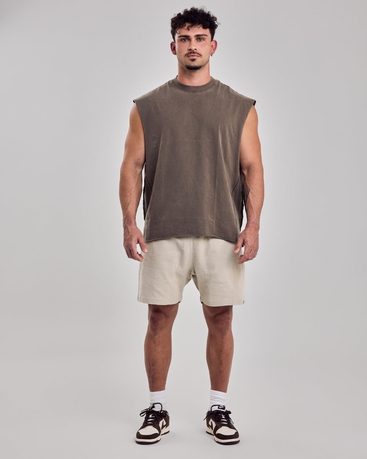 Oversized Washed Cotton Tank Top — Light Brown