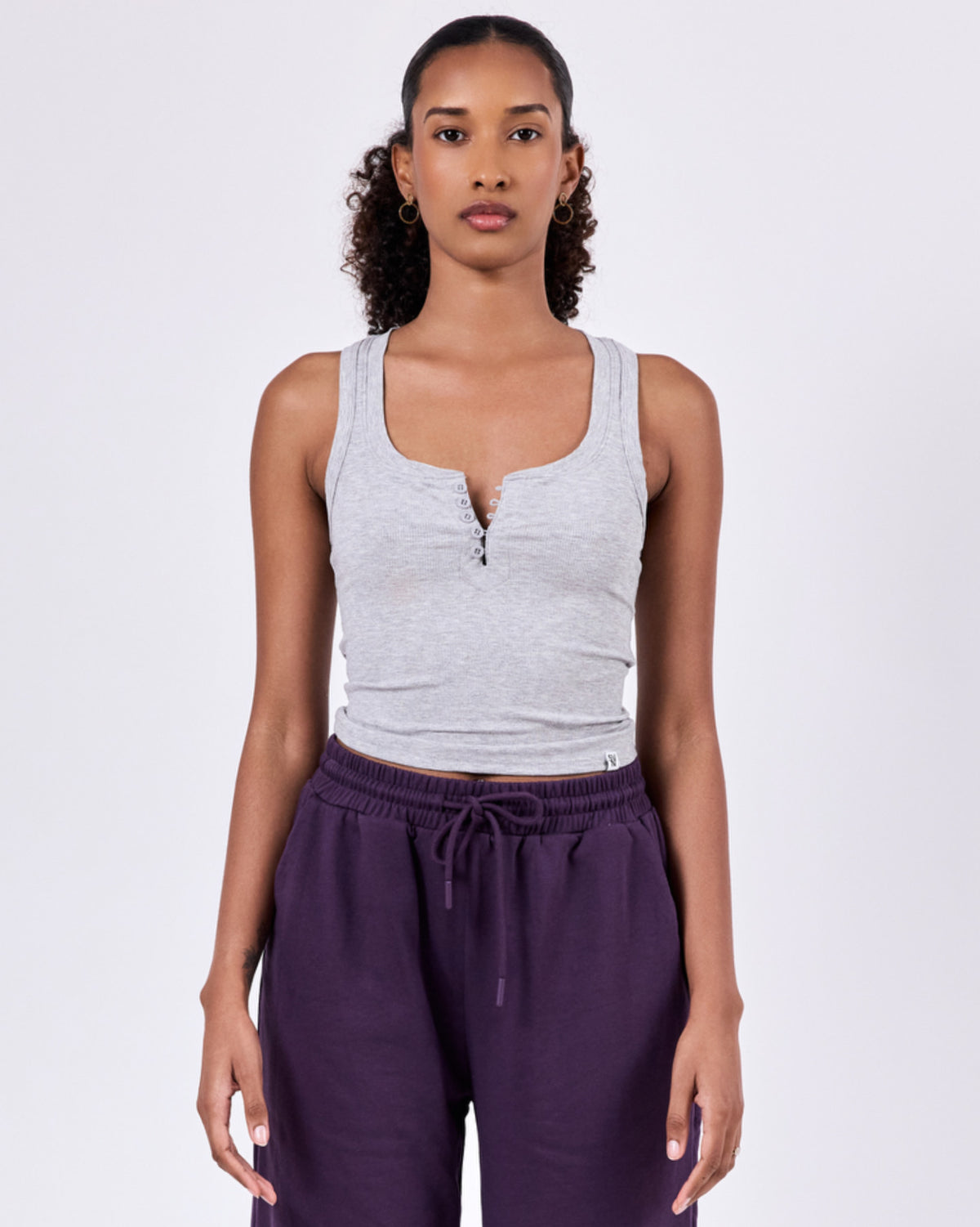 Ribbed Buttoned Tank Top — Light Gray