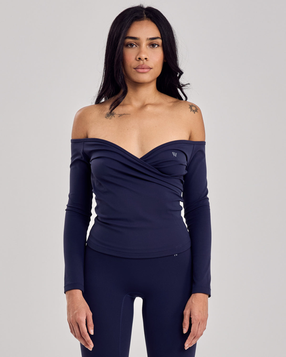 Serenity Off Shoulder Long Sleeve Top — Navy