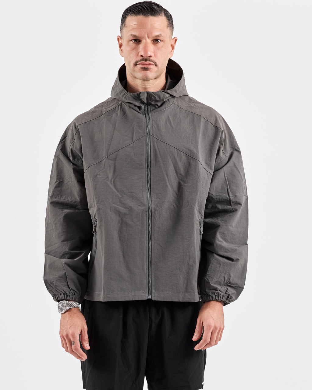 Hooded Zip Windbreaker — Iron Gray