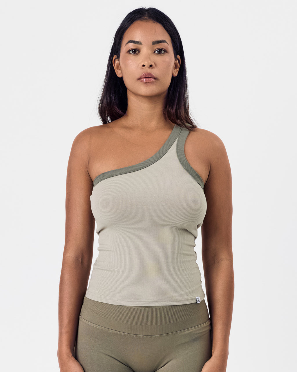 Ribbed Cotton One Shoulder Top — Moss Beige