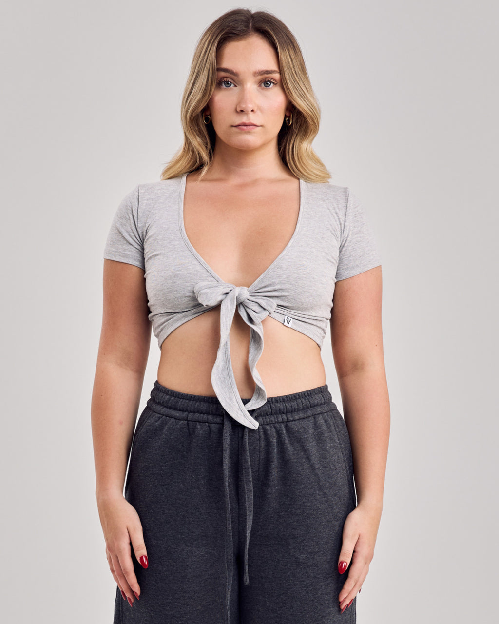 Cotton Wrap Short Sleeve Top — Light Gray